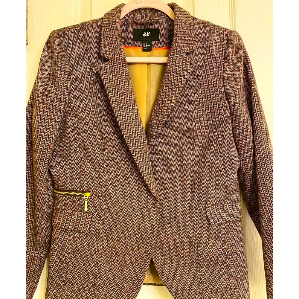 H&M Brown Herringbone Classic Wool Blend Women’s Blazer Size 12
